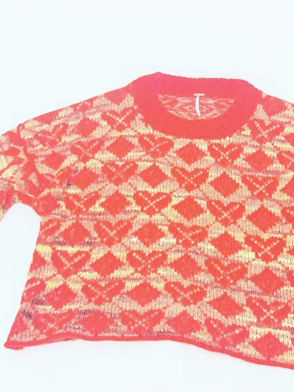 Free People Red & Cream Geometric Crewneck Sweater